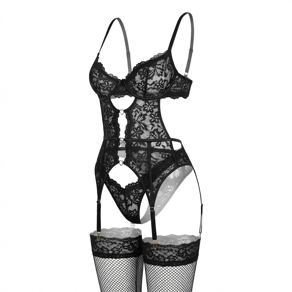 Elegant Black Lace Lingerie Set With Adjustable Garter Straps 12
