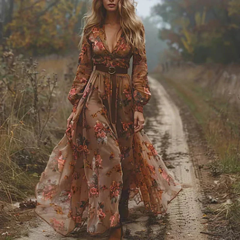 Stylish Boho Sundress Floral Maxi Dress With Long Sleeves