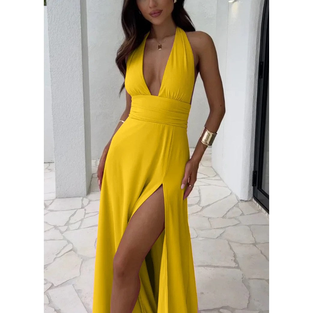 Plunge Halter Neck Backless Maxi Dress | Formal Evening Sundress