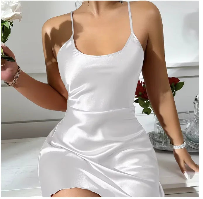 Summer Satin Mini Nightdress With Cross Strap Back