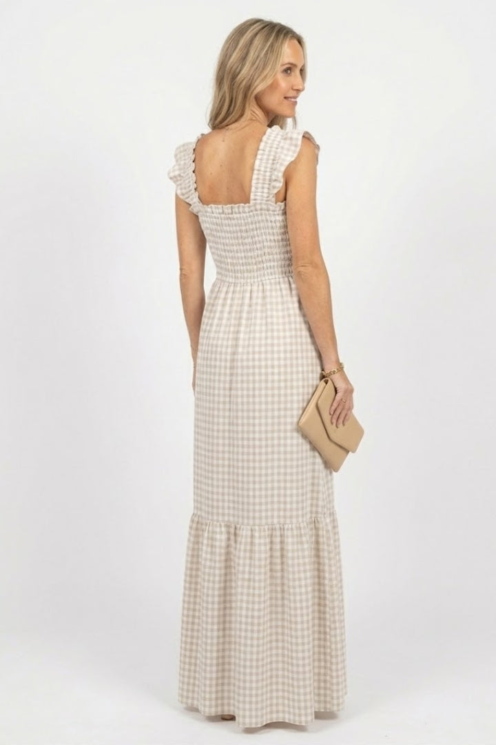 Gingham Smocked Maxi Sundress | Boho Summer Dress with Ruffle Straps