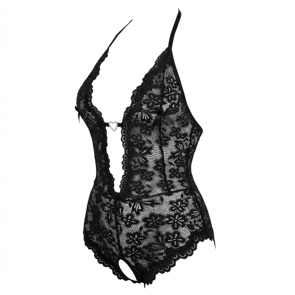 Women's Floral Lace Crotchless Teddy | Bold Sexy Underwear with Rhinestone Detail 11