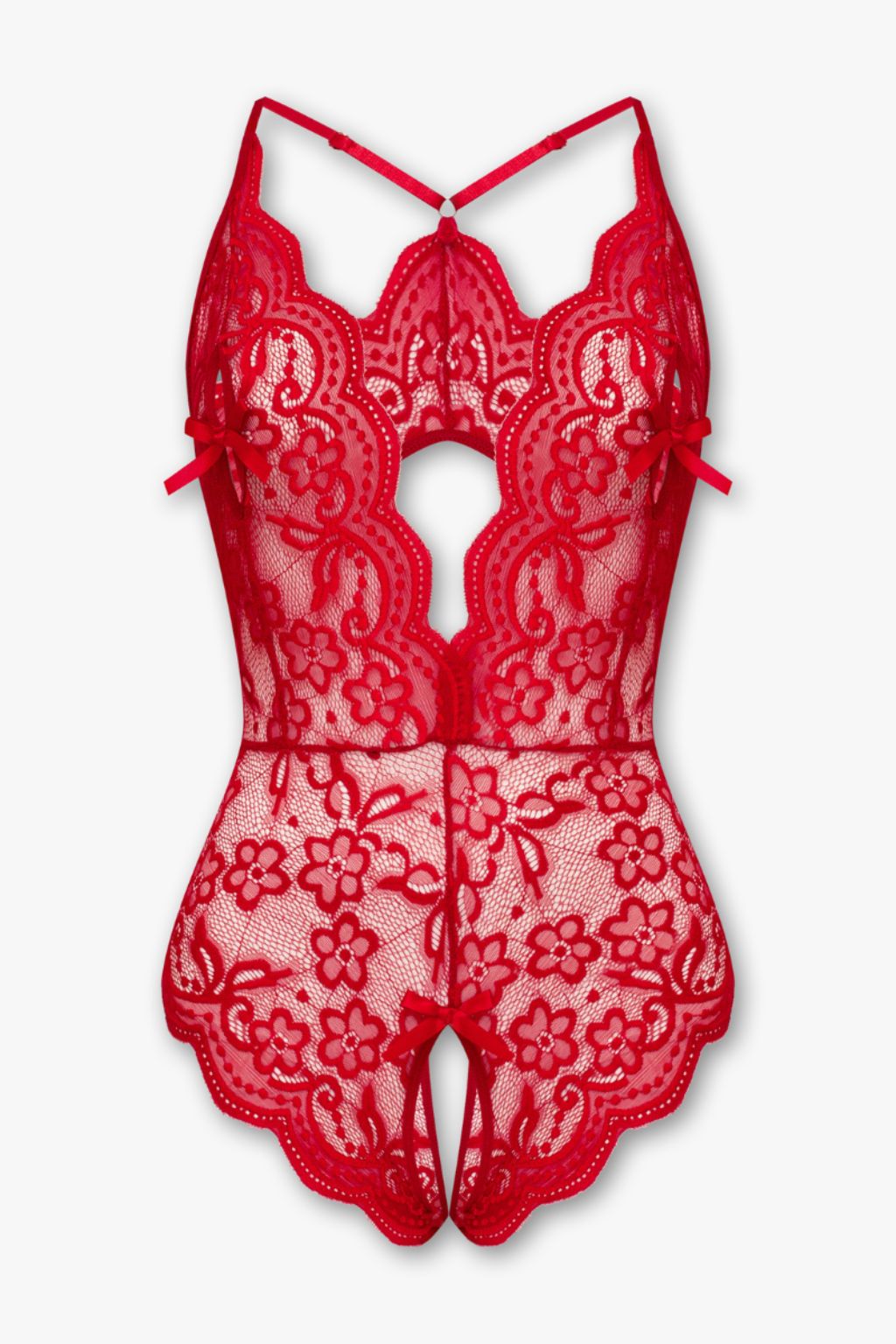 Red Lace Crotchless Bodysuit With Deep V-Cut