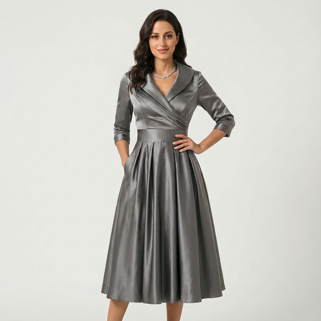 Elegant Midi Formal Gown Wedding Guest Dress with Sleeves
