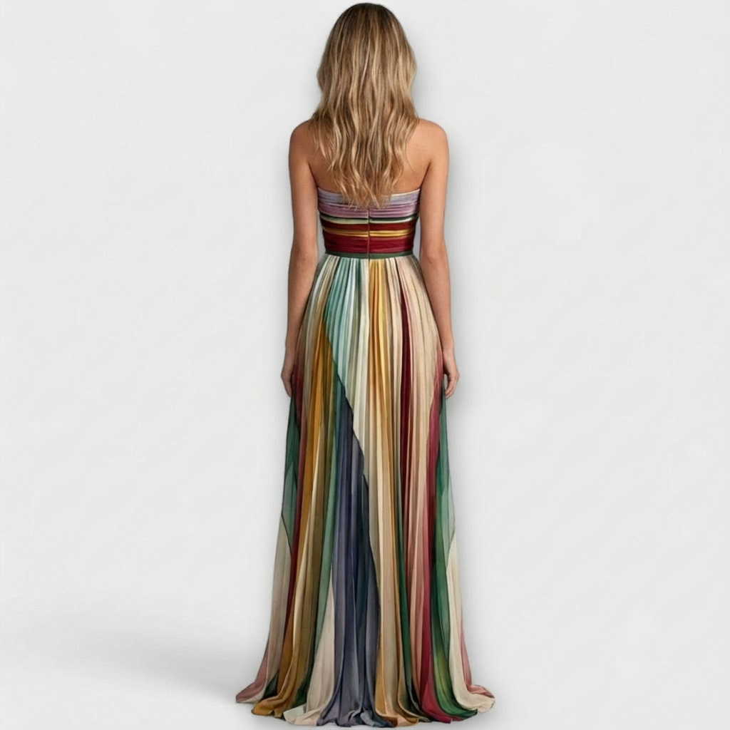 Rainbow Pleated Strapless Maxi Wedding Guest Dress