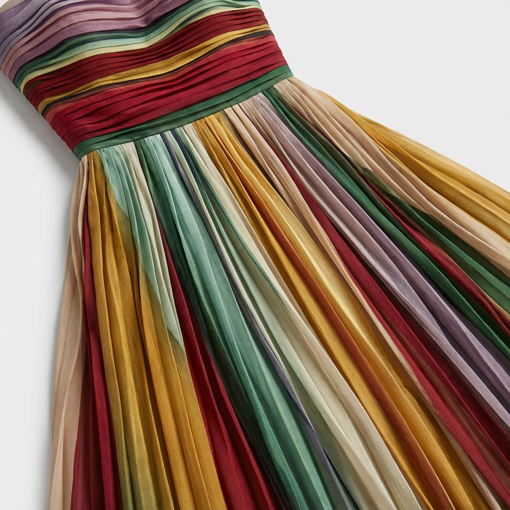 Rainbow Pleated Strapless Maxi Wedding Guest Dress