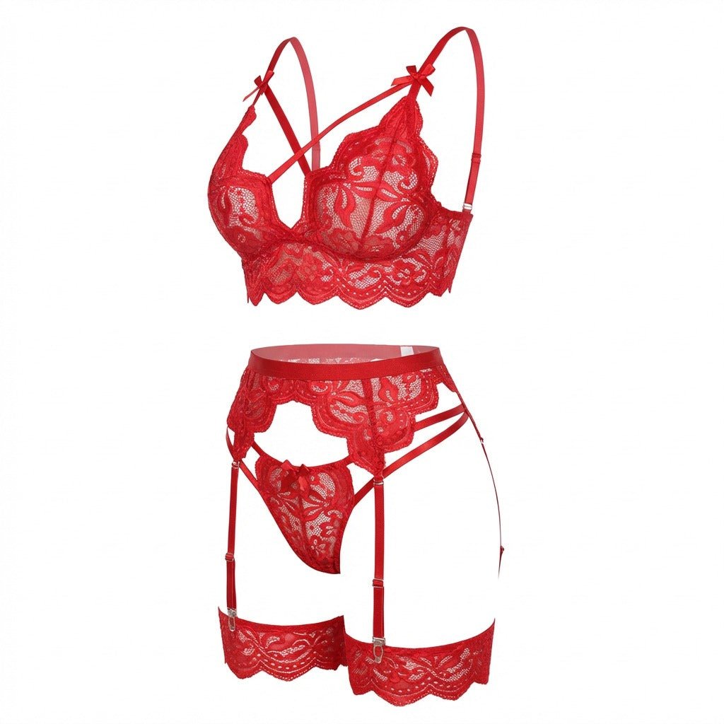Elegant Black Floral Lace Lingerie Set With Wireless Bralette and Garter Belt 0