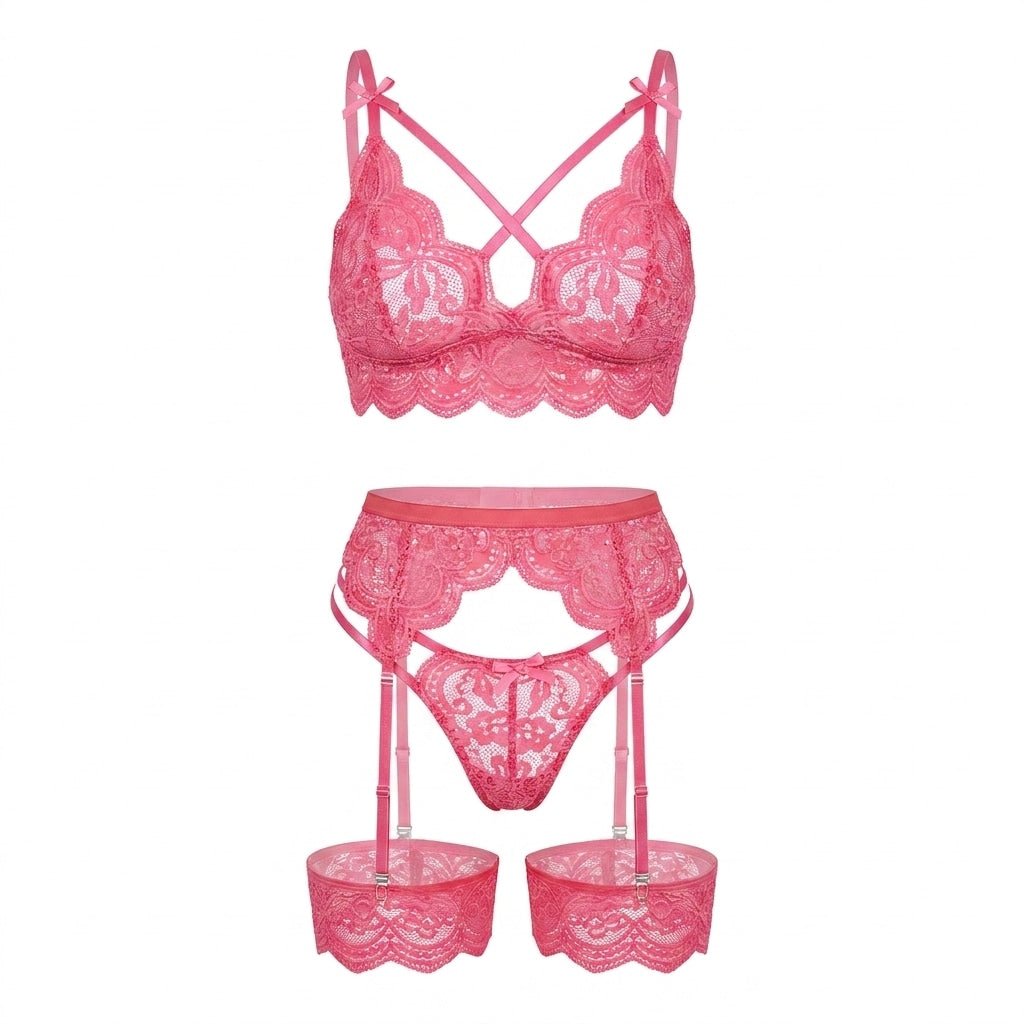 Elegant Black Floral Lace Lingerie Set With Wireless Bralette and Garter Belt 10