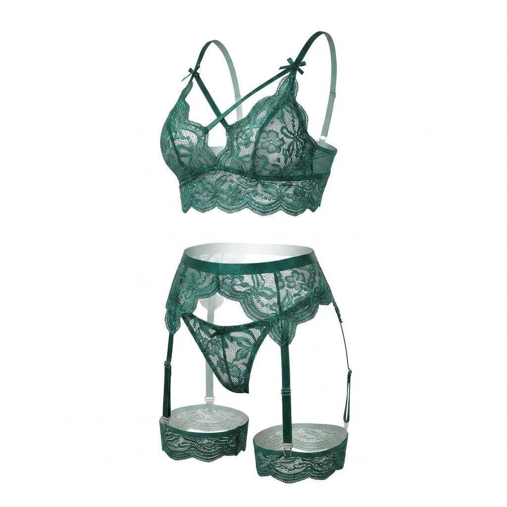 Elegant Black Floral Lace Lingerie Set With Wireless Bralette and Garter Belt 11