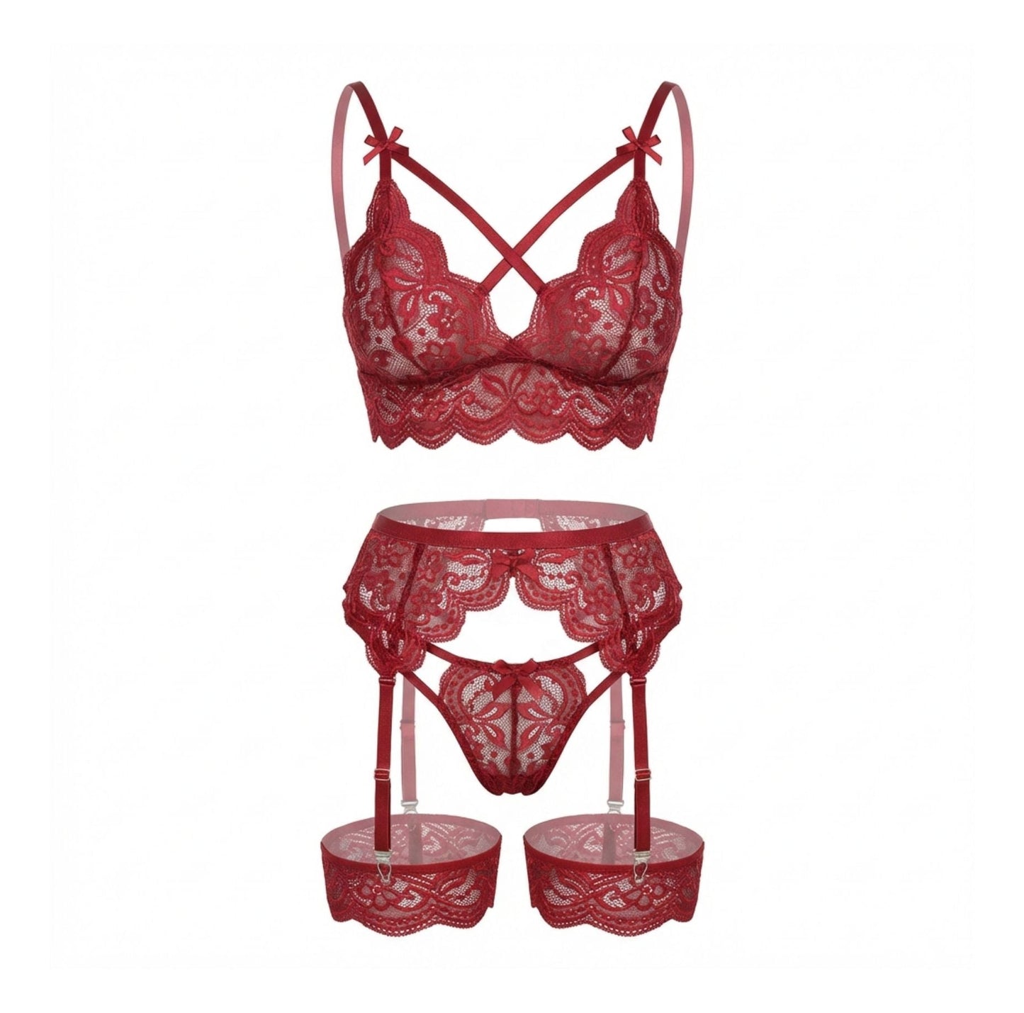 Elegant Black Floral Lace Lingerie Set With Wireless Bralette and Garter Belt 12