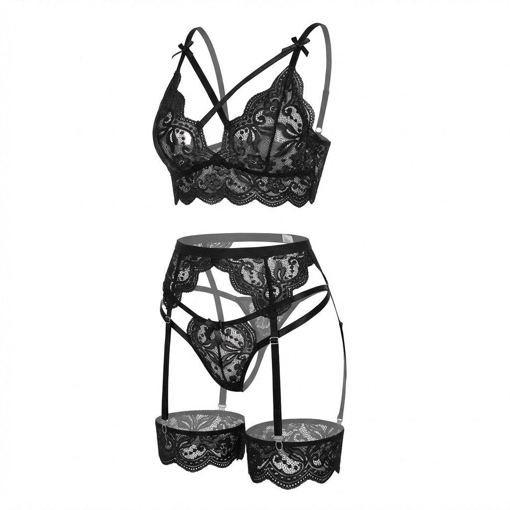 Elegant Black Floral Lace Lingerie Set With Wireless Bralette and Garter Belt 13