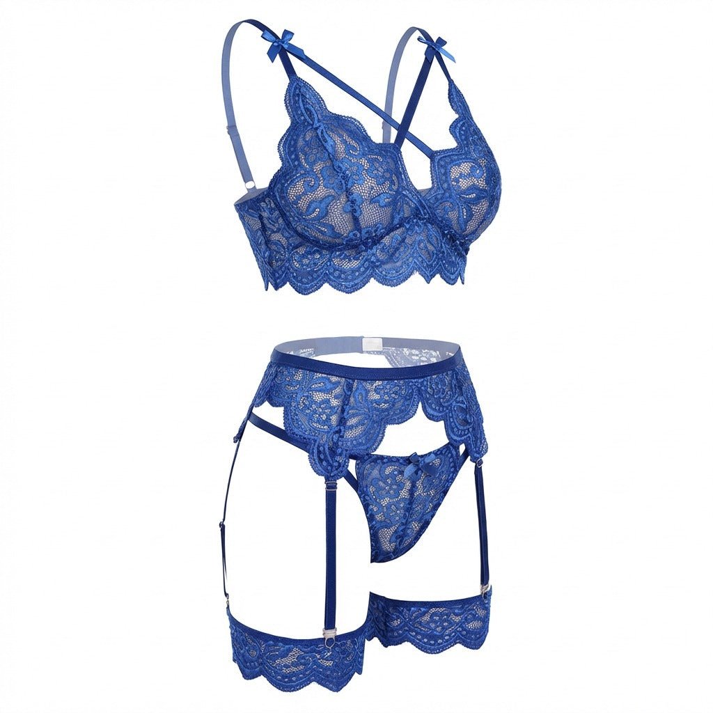 Elegant Black Floral Lace Lingerie Set With Wireless Bralette and Garter Belt 9