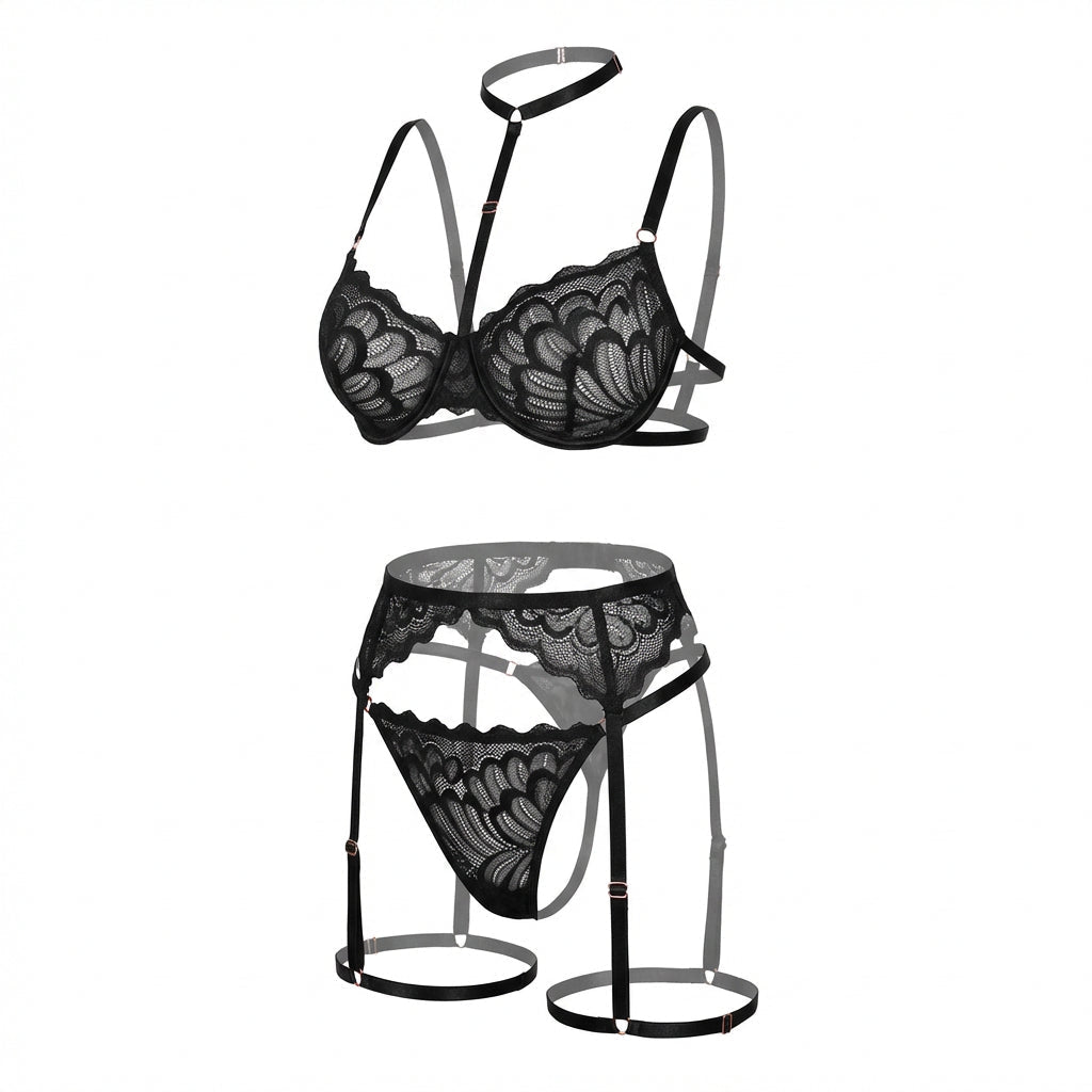 Elegant Black Lace Lingerie Set With Adjustable Garter Straps 0
