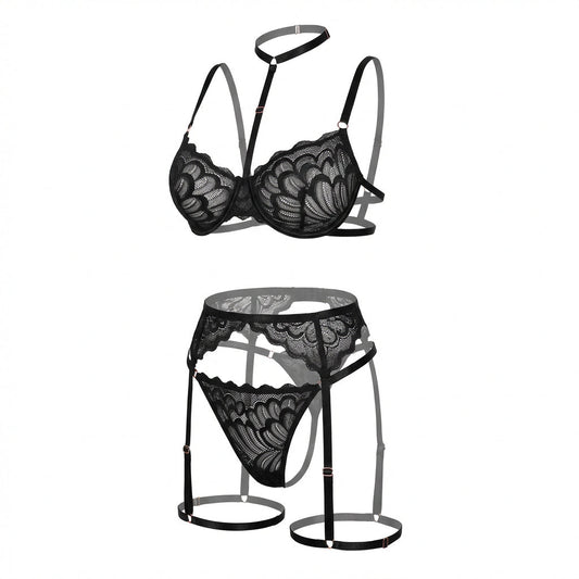 Elegant Black Lace Lingerie Set With Adjustable Garter Straps 0
