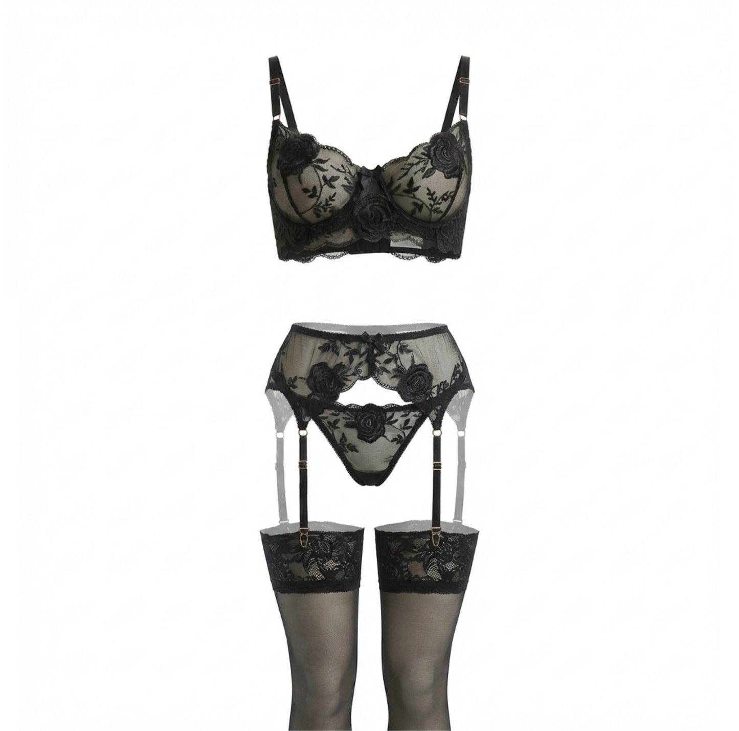 Elegant Black Sheer Lace Bra And Panty Set With Underwire Cups 0
