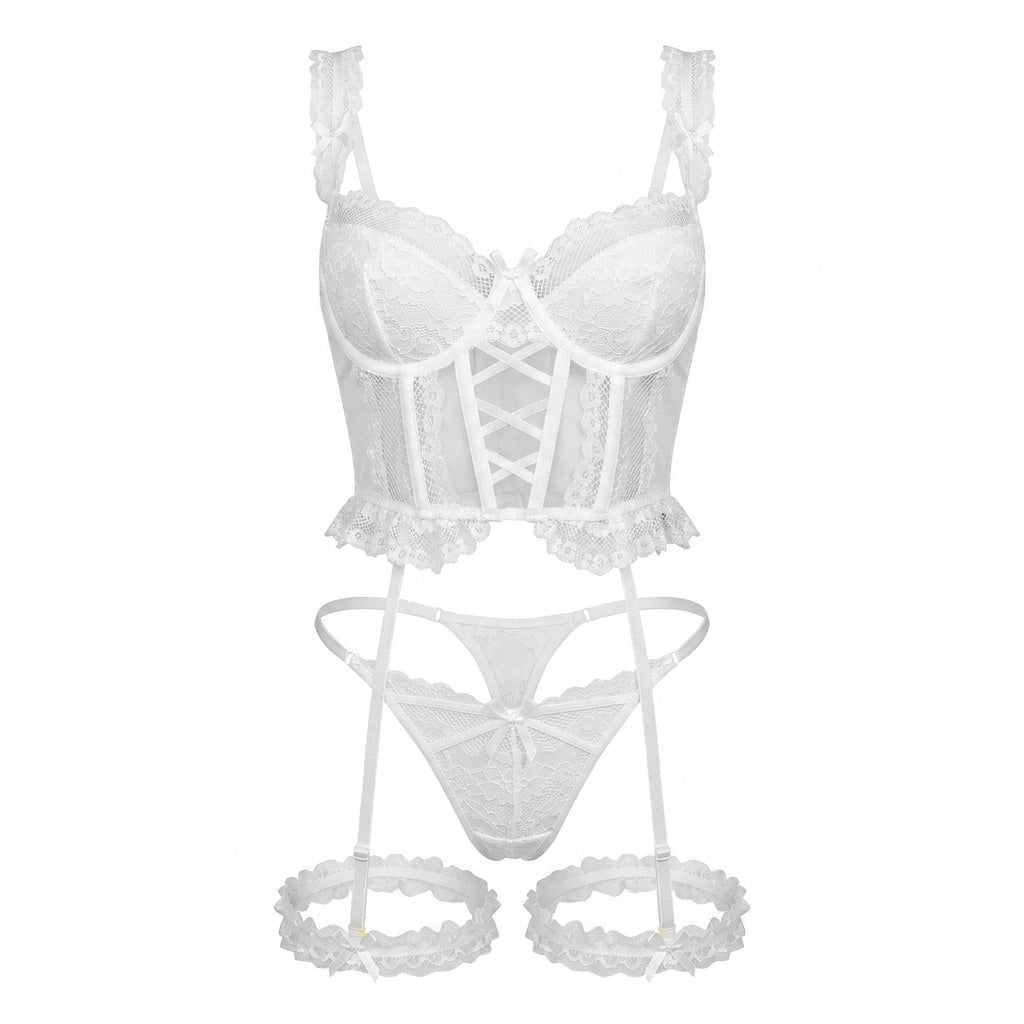 Elegant White Lace Bridal Lingerie Set With Sheer Mesh Corset and Garter Straps 0