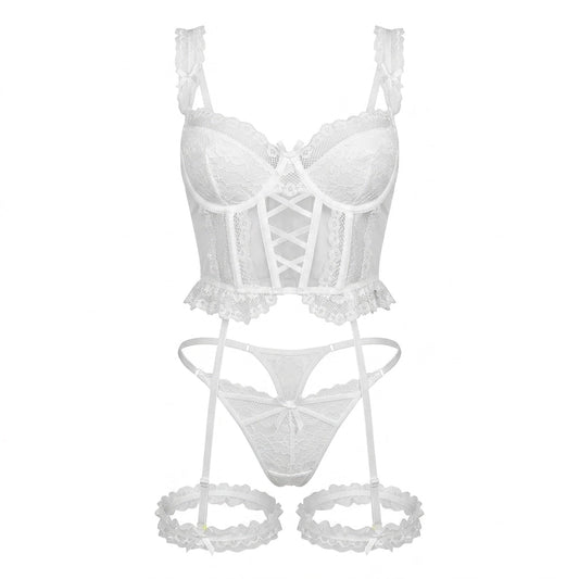 Elegant White Lace Bridal Lingerie Set With Sheer Mesh Corset and Garter Straps 0
