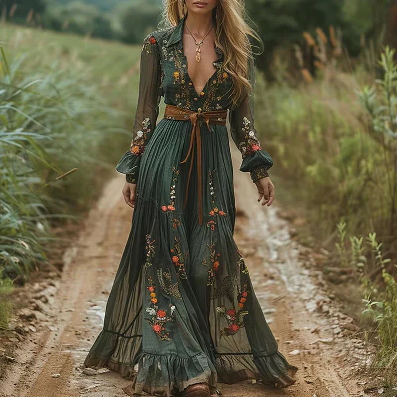 Stylish Boho Sundress Floral Maxi Dress With Long Sleeves