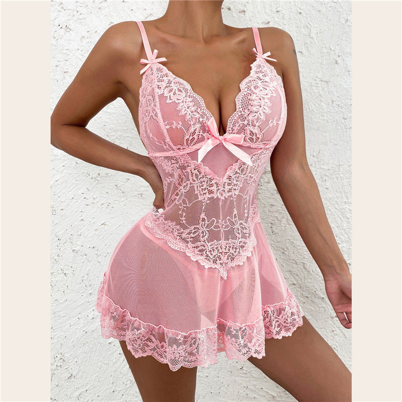 Sheer Mesh Floral Lace Chemise Nightwear