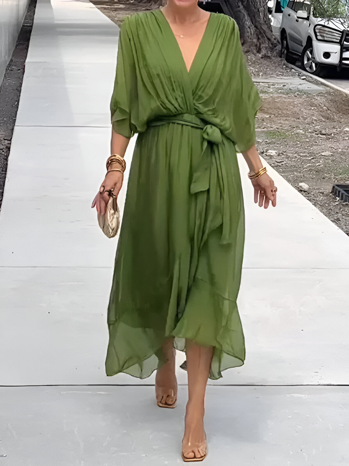 Summer Chiffon Midi Sundress With Tie Waist