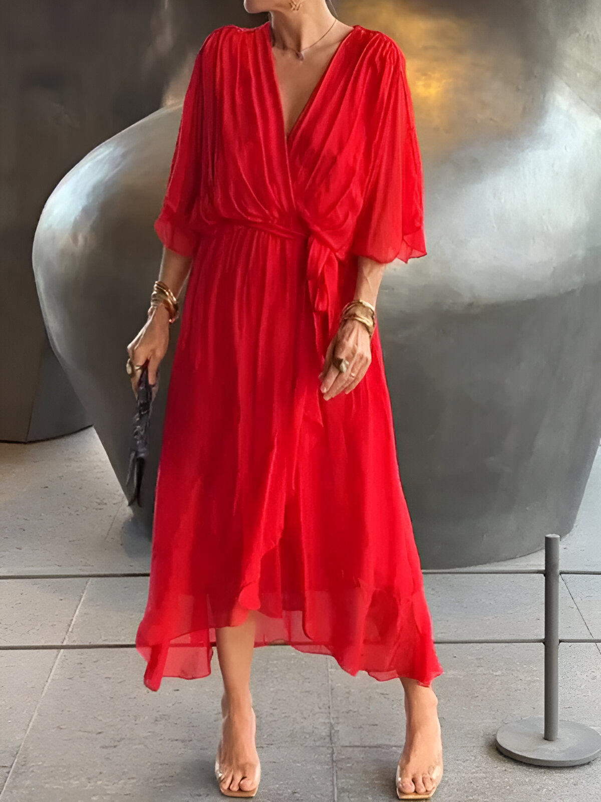 Summer Chiffon Midi Sundress With Tie Waist
