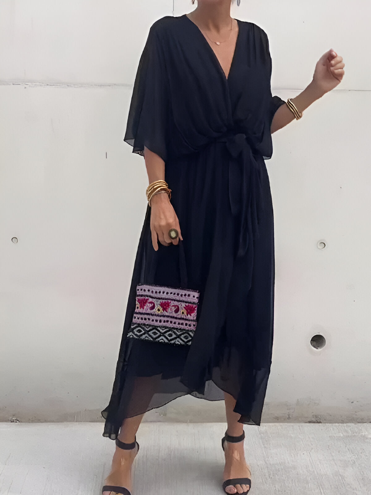 Summer Chiffon Midi Sundress With Tie Waist