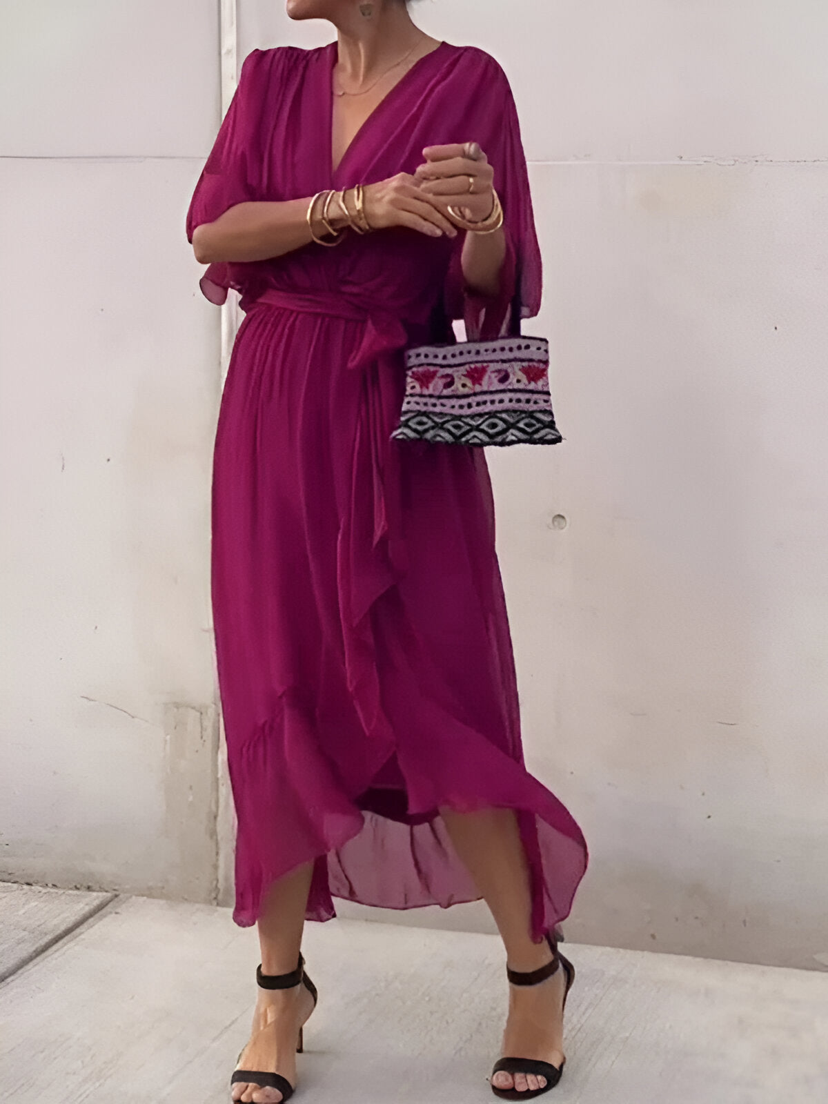 Summer Chiffon Midi Sundress With Tie Waist