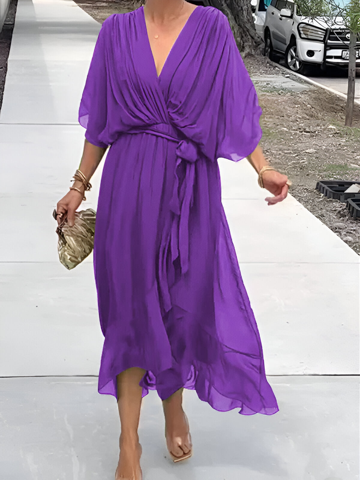 Summer Chiffon Midi Sundress With Tie Waist
