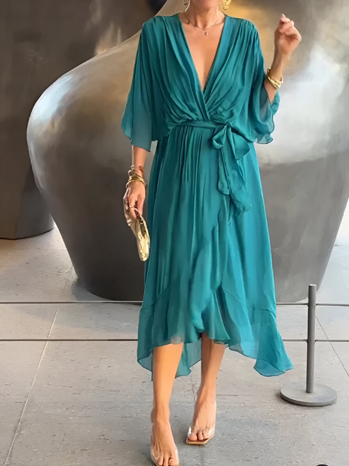 Summer Chiffon Midi Sundress With Tie Waist