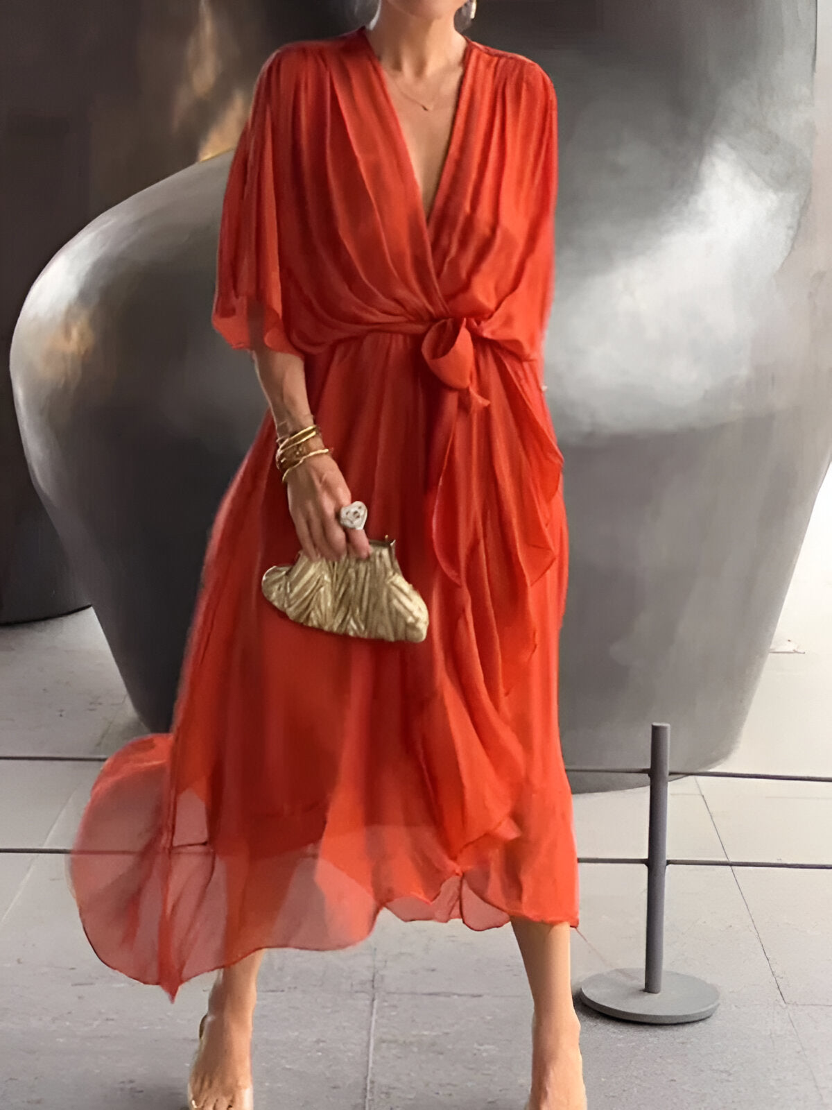 Summer Chiffon Midi Sundress With Tie Waist