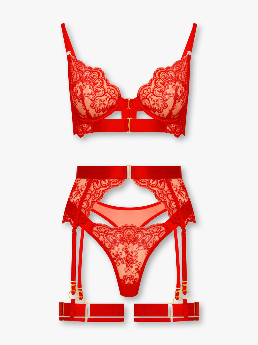 Red Lace 3-Piece Bra, Panty & Garter Lingerie Set