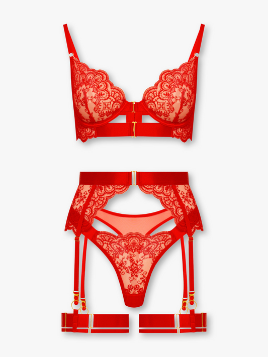 Red Lace 3-Piece Bra, Panty & Garter Lingerie Set