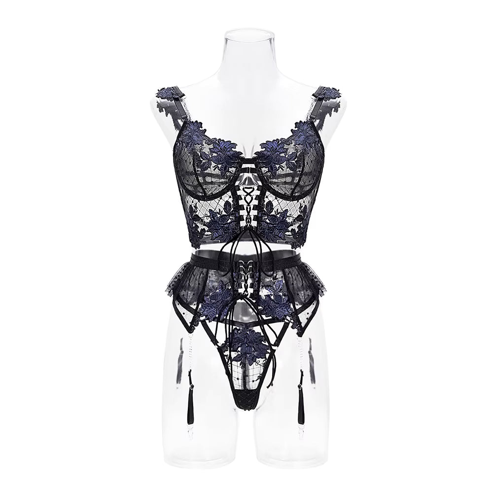 Floral Embroidered Lace Lingerie Bra and Panty Set With Garter Belt