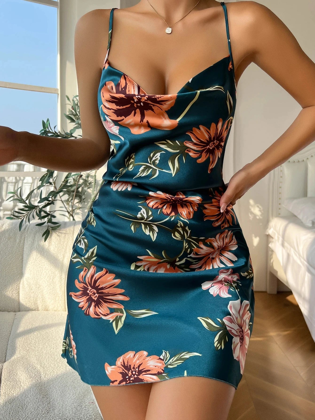 Floral Satin Summer Nightgown