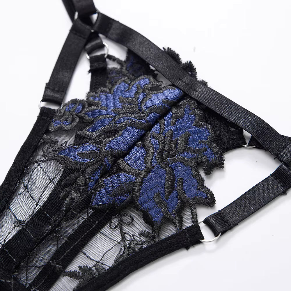 Floral Embroidered Lace Lingerie Bra and Panty Set With Garter Belt