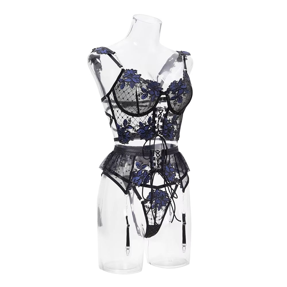 Floral Embroidered Lace Lingerie Bra and Panty Set With Garter Belt
