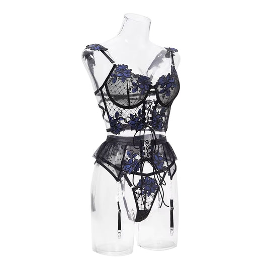 Floral Embroidered Lace Lingerie Bra and Panty Set With Garter Belt