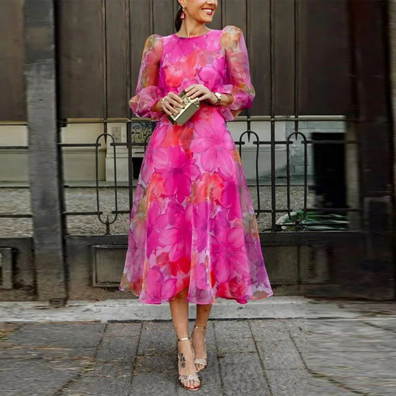 Floral Midi Long Sleeve Sundress | Summer Wedding Guest Dress