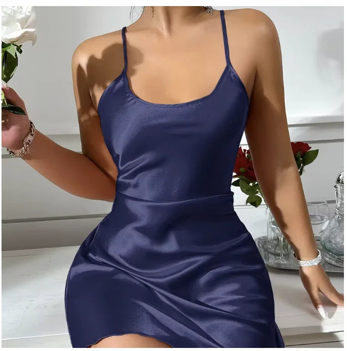 Summer Satin Mini Nightdress With Cross Strap Back