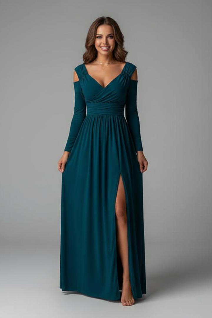 Cold Shoulder Long Sleeve Maxi Dress | Wedding Guest Gown