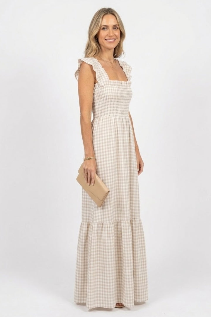 Gingham Smocked Maxi Sundress | Boho Summer Dress with Ruffle Straps