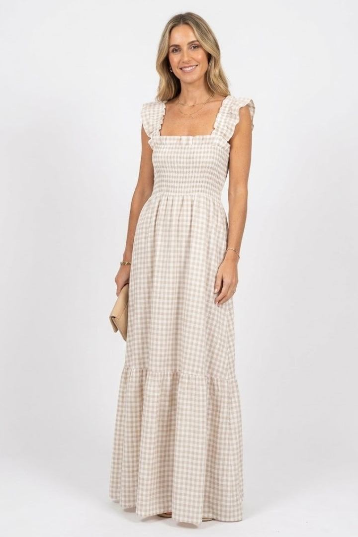 Gingham Smocked Maxi Sundress | Boho Summer Dress with Ruffle Straps