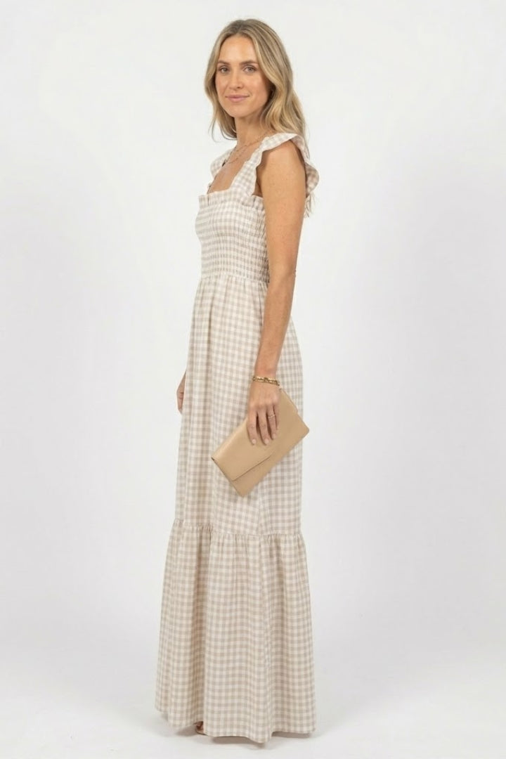 Gingham Smocked Maxi Sundress | Boho Summer Dress with Ruffle Straps