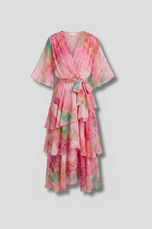 Tiered Ruffle Wrap Midi Dress | Floral Summer Wedding Guest Dress