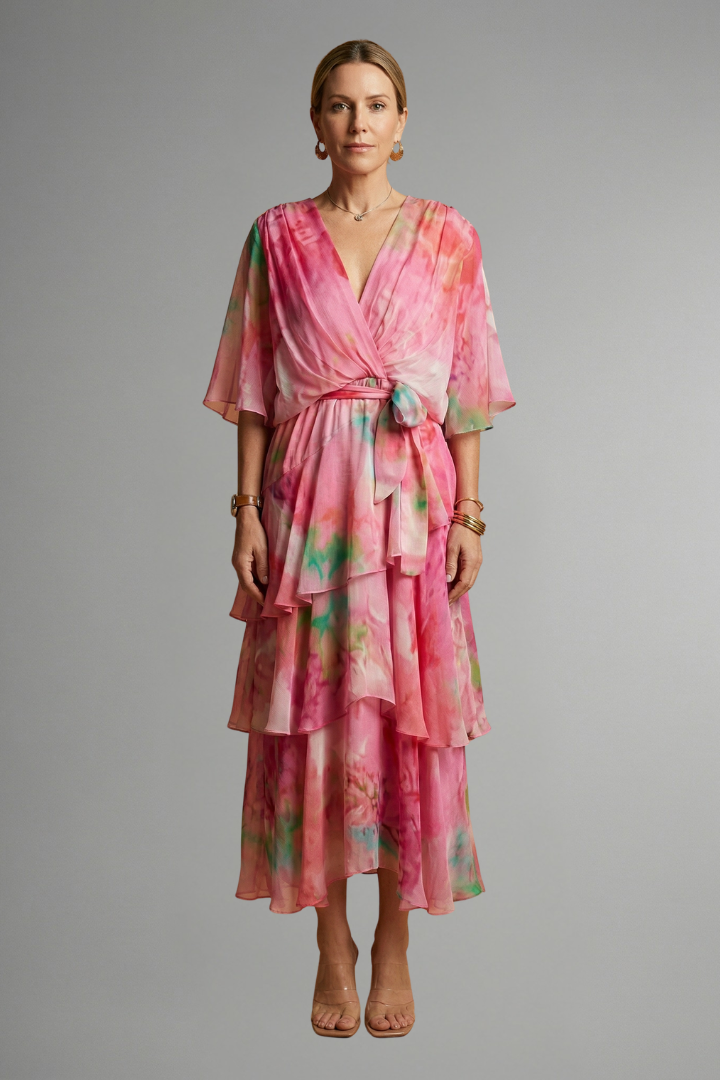 Tiered Ruffle Wrap Midi Dress | Floral Summer Wedding Guest Dress