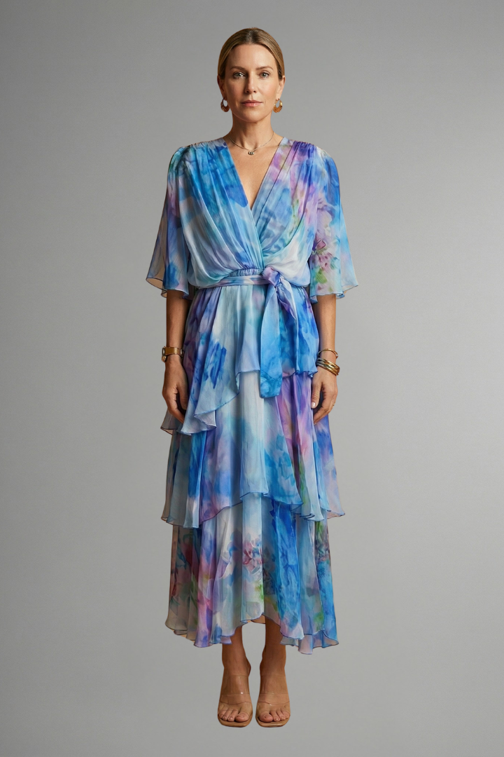 Tiered Ruffle Wrap Midi Dress | Floral Summer Wedding Guest Dress