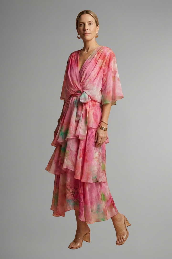 Tiered Ruffle Wrap Midi Dress | Floral Summer Wedding Guest Dress