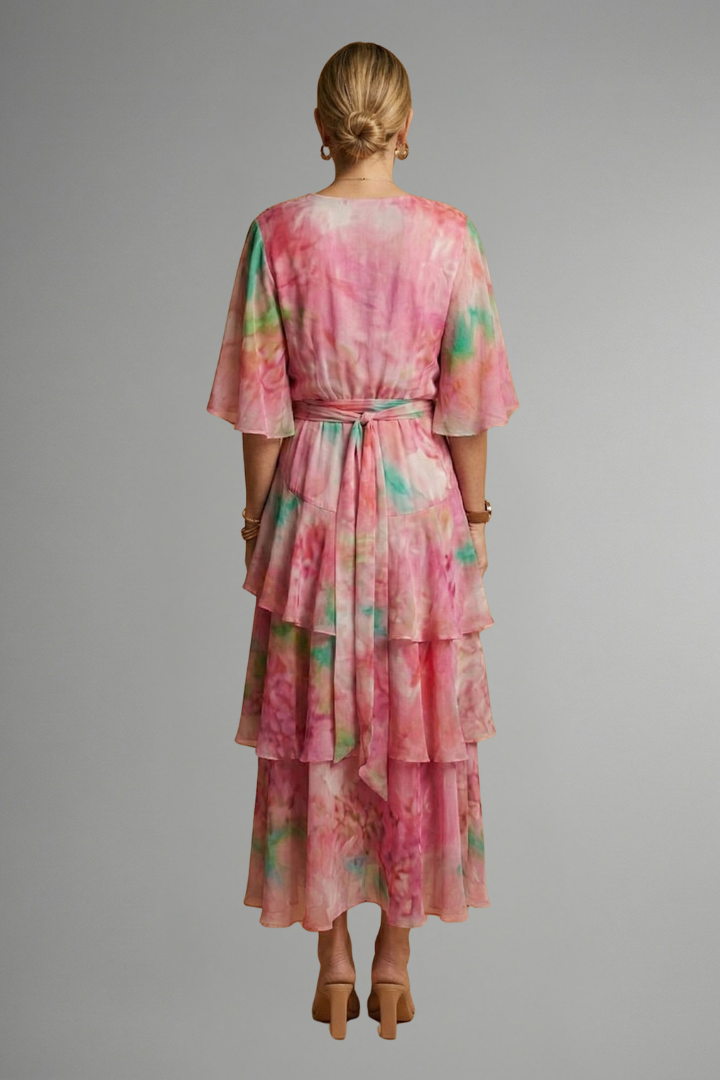 Tiered Ruffle Wrap Midi Dress | Floral Summer Wedding Guest Dress