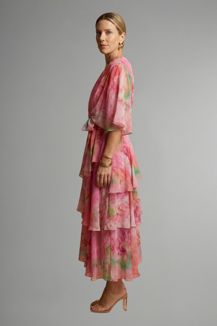 Tiered Ruffle Wrap Midi Dress | Floral Summer Wedding Guest Dress