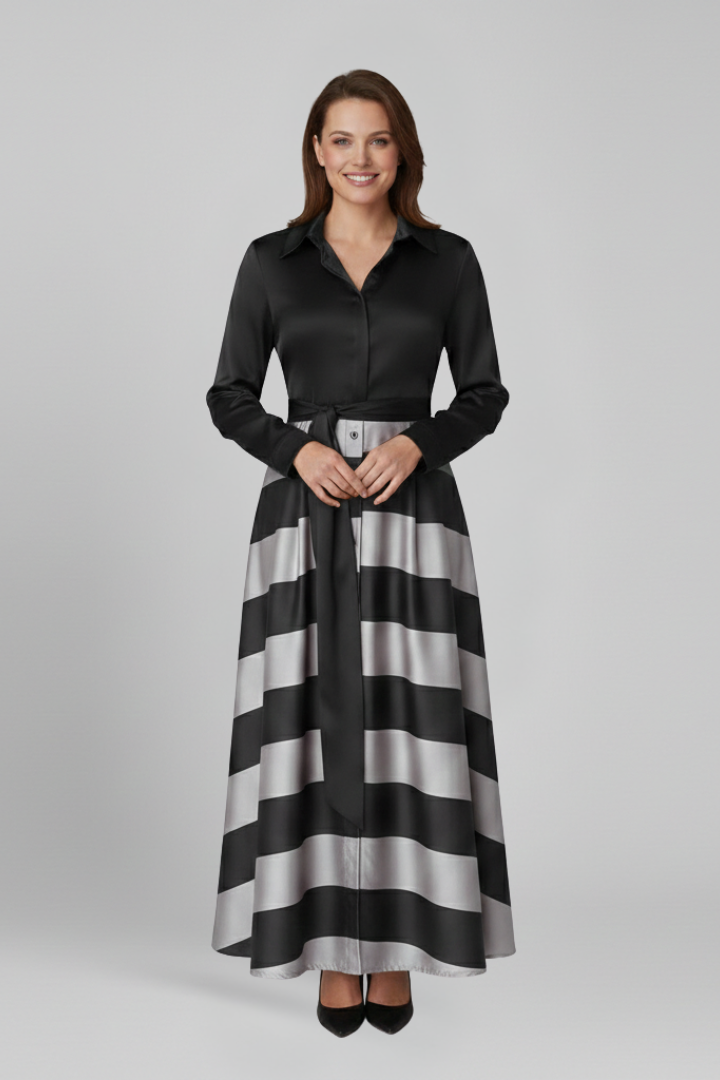 Striped Shirt Collar Long Sleeve Maxi Dress | Belted Maxi Gown